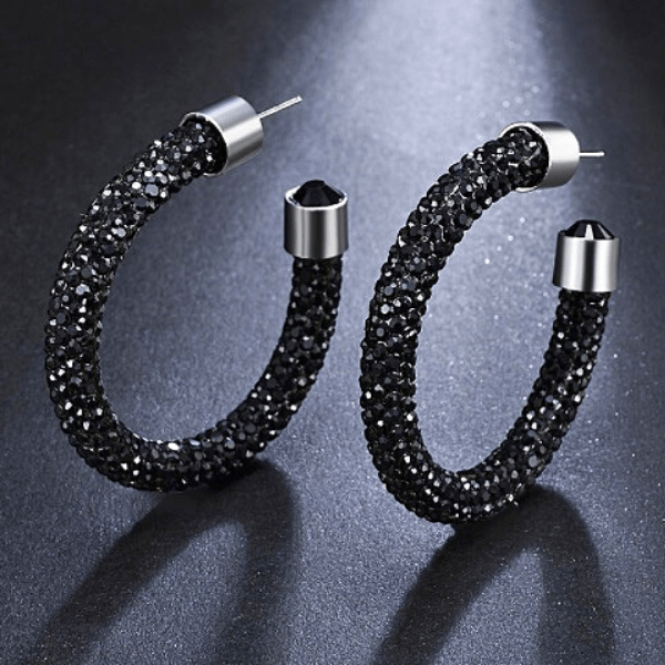 Crystal Rhinestone Wrapped Hoop Earrings - Black